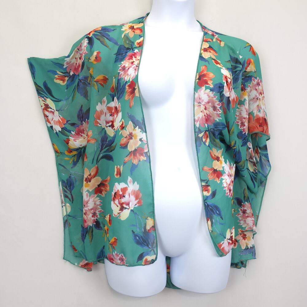 Polly‎ & Esther Kimono Womens L Green Floral Sheer Chiffon Boho Cover Up